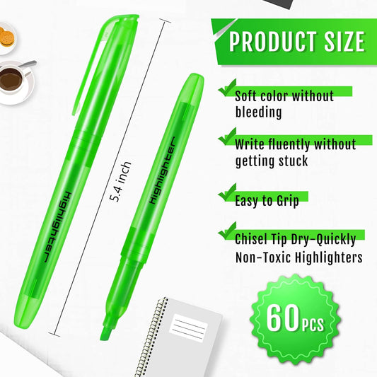Fuutreo 60 Pack Pastel Highlighters Bulk Bright Color Highlighter Marker Chisel Tip Dry Quickly Safe Highlighter Pens Fluorescent Ink for Adults Home School Office(Green)