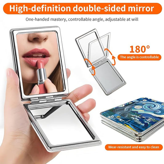 Compact Pocket Mirror, Cute Travel Mini Mirror with Magnification, Foldable Double-Sided Portable Cosmetic Mirror for Men, Women Starry Night