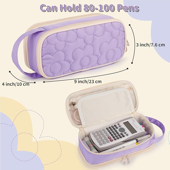 Pencil Case For Girls,Flower Quilted Large Capacity Pencil Pouch With 2 Compartment, Zipper Pencil Bag With Handle, Women Soft Pencil Box For Middle School Office College