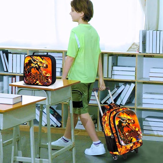 3PCS Rolling Backpack for Boys, Kids Roller Bookbag with Wheels, Dragon Wheeled School Backpack for Elementary Preschool Kindergarten(Orange)