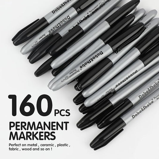 Dabo&Shobo Permanent Markers, 160 Pack Black Permanent Markers Bulk, Fine Tip, Quick Drying, Waterproof Markers, Work On Wood, Metal, Plastic, Stone, Glass For Office School Home