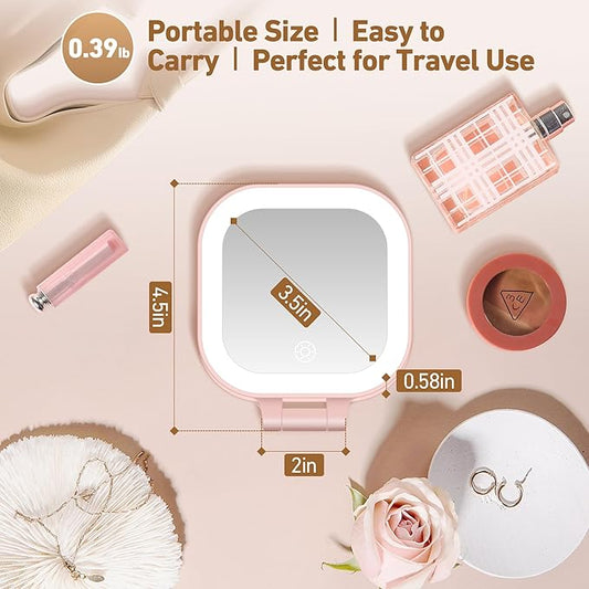 Travel Mirror with Light, 1x/30x Magnifying Mirror with 3 Color Lights and Adjustable Brightness, 4.5x3.9 inch Small Compact Hangable Hand Pocket 3 Way Mirror, Comes with Tweezer
