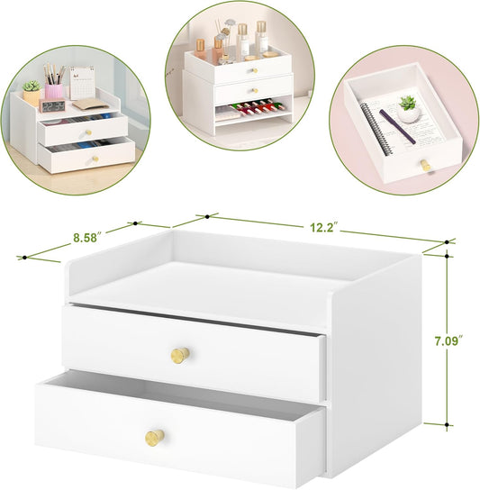 Bamboo Desk Organizer - Stackable, No Assembly Required, Ideal for Office/Home Use - Perfect for Toiletries, Stationery, Accessories. (White, Two level drawer box with sides)