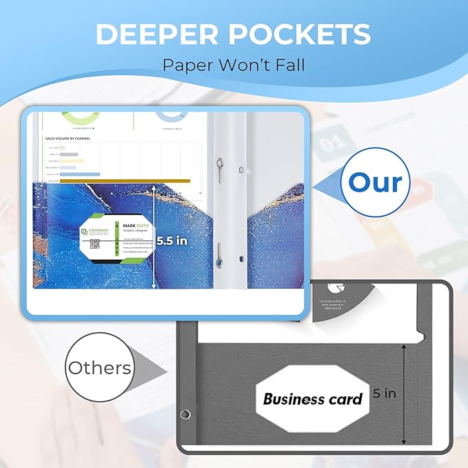 6 Pack Marble Design File Folders with Pockets - Plastic Folder with 2 Pockets & a Business Card Holder, Durable File Folders for Documents, School, Office & Home (Folder with Pockets (with Prong))