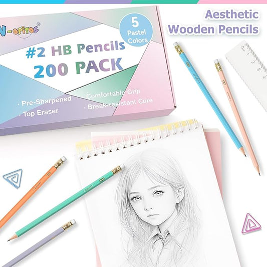 V-Opitos 200 Pack #2 HB Pencils, Bulk Wood-Cased Pre-Sharpened Pastel Color Pencils with Top Erasers, School Teacher Supplies, Writing, Drawing and Sketching