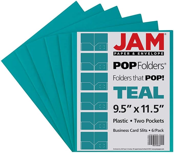 JAM PAPER Plastic 2 Pocket POP Folders - Durable School Folders - Teal Blue - 6/Pack