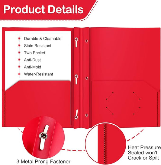 ViVin 12-Pack Sturdy Plastic Folders with Pockets, 2-Pocket Poly File, Plastic Folders with 3 Prongs Fasteners, fits 8.5 * 11 Letter Size Sheets, for School/Home/Office (Red)