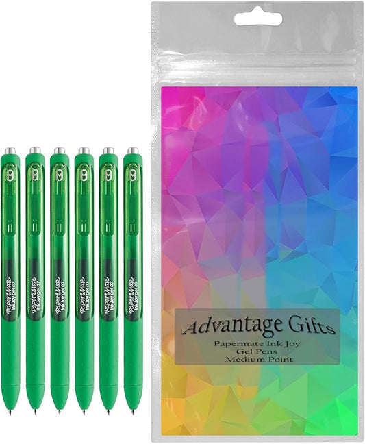 Paper Mate InkJoy Gel Pens, Green Ink, Medium Point (0.7mm), 6 Count, Bundle with Plastic Reusable Pouch
