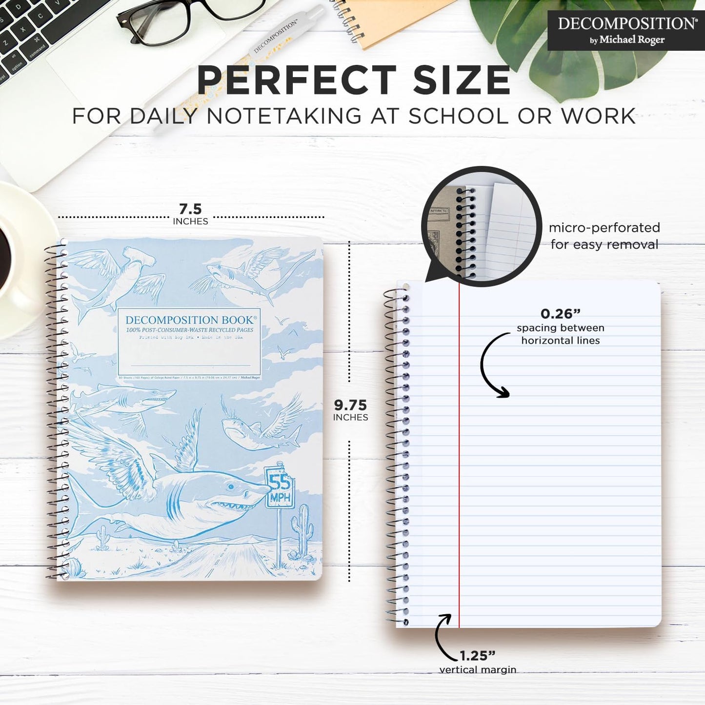 Decomposition Flying Sharks College Ruled Spiral Notebook - 9.75 x 7.5 Journal with 160 Lined Pages - 100% Recycled Paper - Notebooks for School Supplies, Home & Office - Made in USA