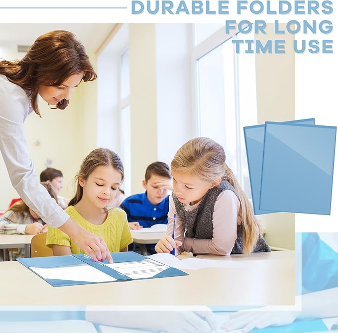 Henoyso 72 Pcs Plastic Folder with Clear Front Pocket and 3 Prong Plastic Folders with Card Slot Pocket Folders with Prongs for School Office (Haze Blue)