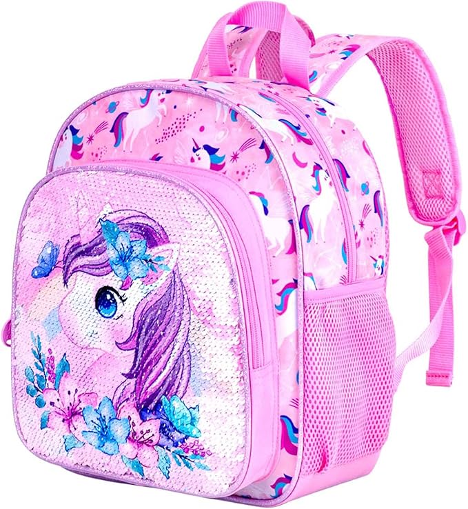 Toddler Backpack for Girls, Cute Unicorn Bookbag for Little Kids, 12” Sequin Kindergarten Preschool Schoolbag