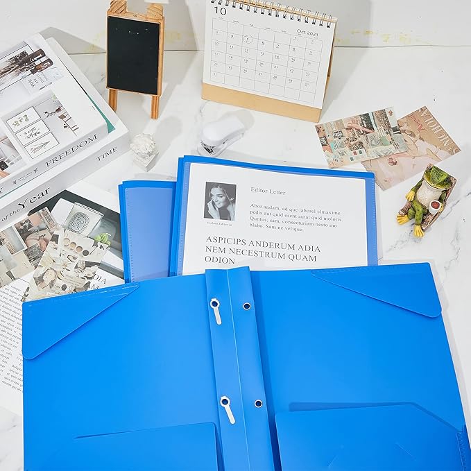 Henoyso 100 Pcs Plastic Folder with Clear Front Pocket and 3 Prong Plastic Folders with Card Slot Pocket Folders with Prongs for School Office (Blue)