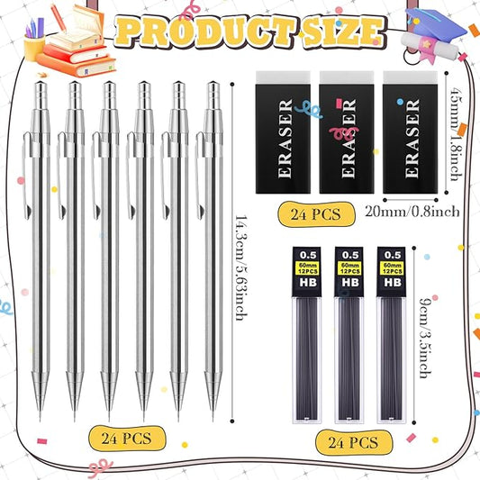 72 Pcs Operation Christmas Items 0.5mm Mechanical Pencils Bulk Set Include Metal Mechanical Pencil HB Lead Refills Erasers for Art Office Classroom Student Writing Drawing(Silver)