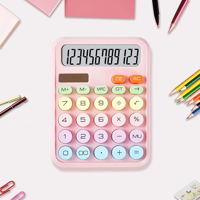 Basic Desktop Calculator with 12-Digit Large LCD Display & Big Buttons – Dual Power (Solar & Battery), Easy to Press Mechanical Switch Calculator – Cute Office Desk Supplies for Home and School (Pink)