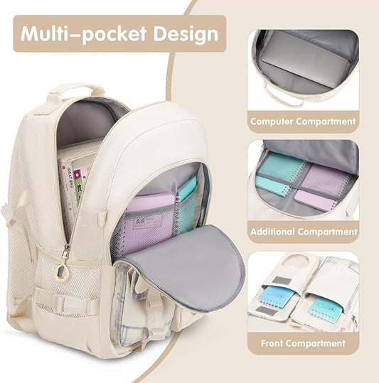 Backpack for Girls - Bookbag Backpacks Schoolbag for Girls Kids Teen Women Casual Travel Daypacks - School Bag Elementary Middle School College Cute Backpack with Lunch Box (Beige)