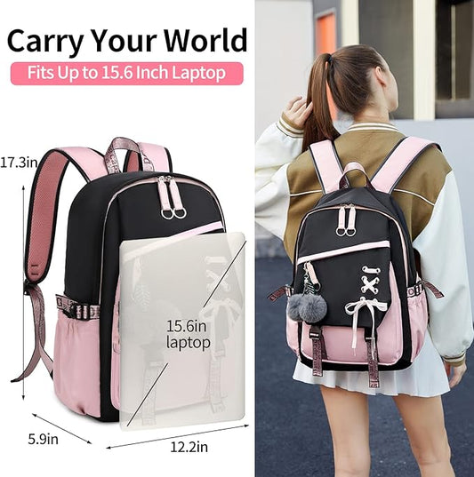 Teenage Girls Bookbag School Backpack Children Casual Daypack Schoolbag for Teens Black Pink