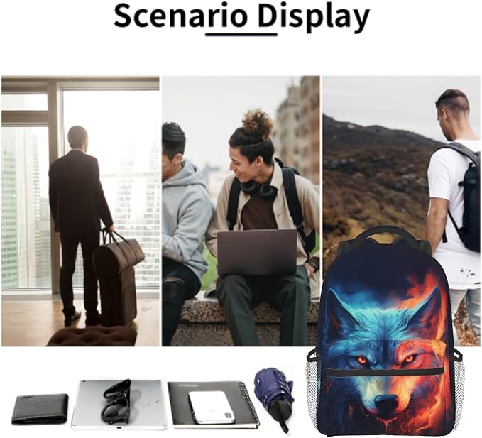 Giwawa Wolf Backpack for School, Blue Red Fire Wolf Animal Lightweight Sports Bookbags Shoulder Pack Laptop Casual Daypack Travel Bag for Women Men Boys Girls Teens Students