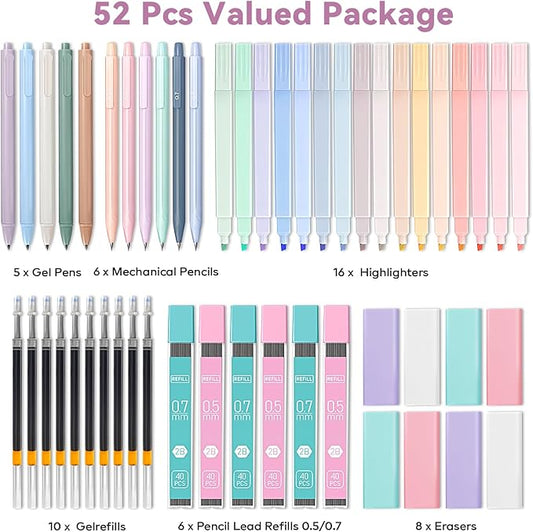 52 PCS Aesthetic School Supplies with Cute Pencil Case, Stationery Essentials with Pens Pencils and Pastel Highlighters Set, College Back to School Supplies for Teen Girls, Office Supplies - Purple