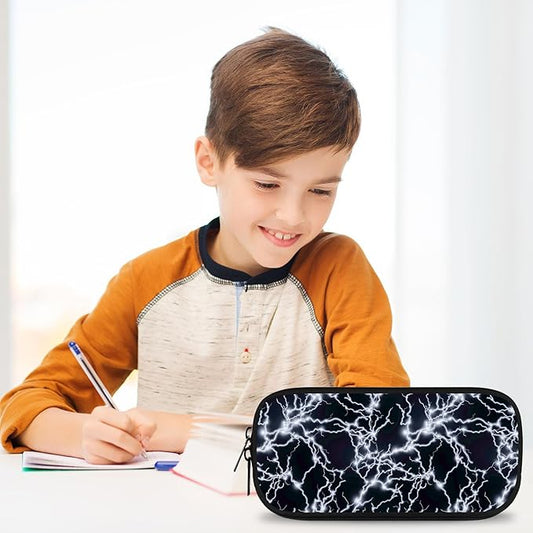 Lightning Large Pencil Case Big Capacity Black Pencil Pouch for Boys Girls Teen Women Men Adult, Portable Kids Pencil Bag with Zipper, Stationery Storage Pen Bag for School Supplies Office Organizer