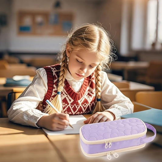 Pencil Case For Girls,Flower Quilted Large Capacity Pencil Pouch With 2 Compartment, Zipper Pencil Bag With Handle, Women Soft Pencil Box For Middle School Office College