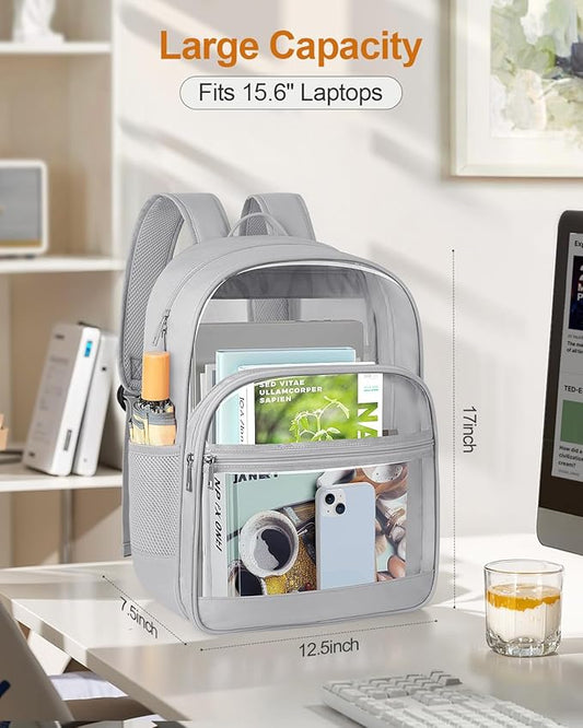 Clear Backpack, Heavy Duty Transparent Bookbag for School, Fabric & PVC Transparent Backpack with Reinforced Strap for Women Men, Capacity Clear Bag for College, Travel, Security, Grey