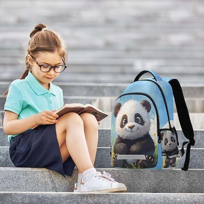 Panda in Grass Backpack for Boys Girls Elementary School Bag Kids Bookbag Travel Rucksack