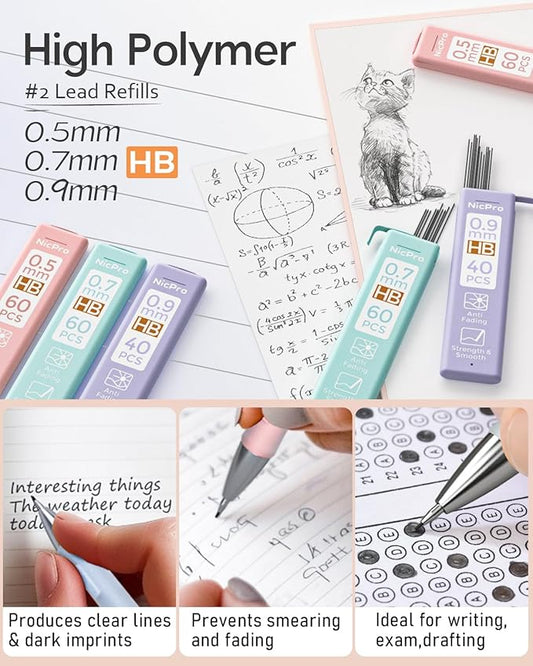 Nicpro 6PCS Pastel Mechanical Pencil Set, Cute Mechanical Pencils 0.5 mm & 0.7 mm & 0.9 mm with 360PCS HB Lead Refills, Eraser, Eraser Refill for Student Writing Drawing Sketching Drafting with Case