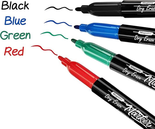 Scribbledo 4 Magnetic Dry Erase Markers Fine Tip Assorted Classic Colors Low Odor Whiteboard Markers with Eraser Cap Thin Skinny White Board Markers for Adults Students Teachers Art Home & School