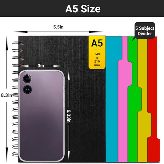 EUSOAR Hardcover Spiral Notebook, 6 Pack A5 5.5"x 8.3", 5 Subject Notebook, 120 Sheets/ 240 Pages, Premium Thick 100gsm, Large Journal Notebooks with Dividers for School Office Note Taking Gift