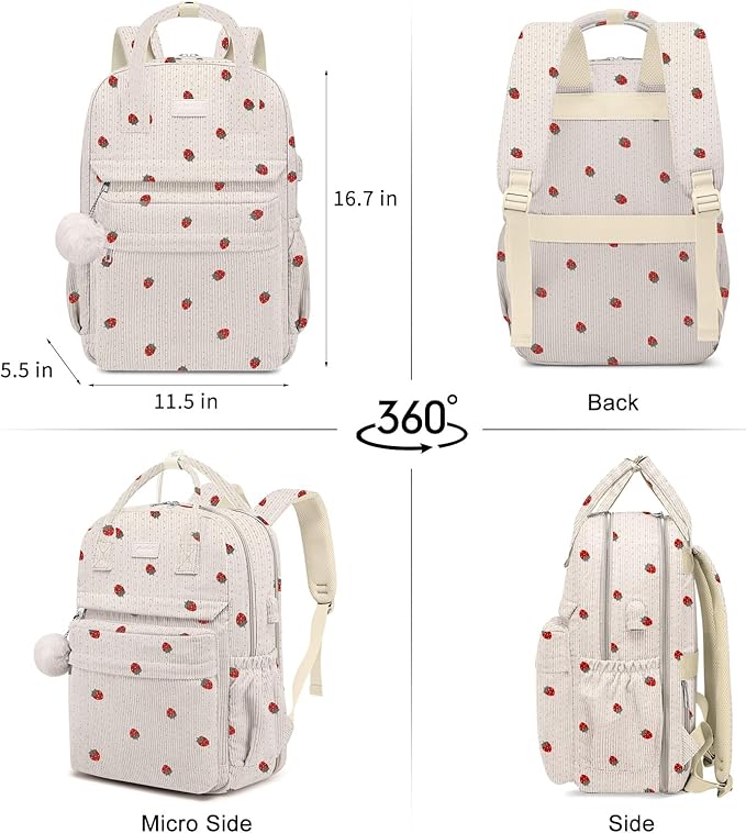 School Backpack for Girls Laptop Bookbag: Casual Corduroy Women Backpacks with USB Charging Port TSA Friendly Travel Back Pack with Anti-Theft Pockets Cute College Daypack for Teen Students Strawberry