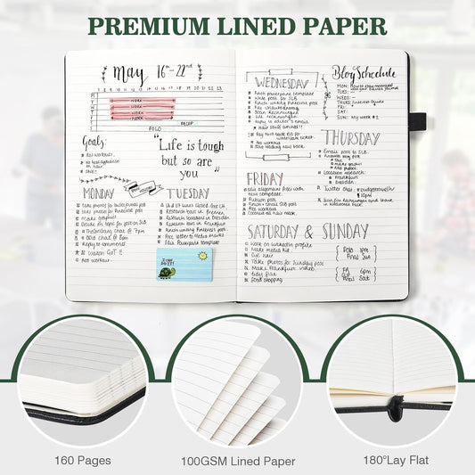 Lined Journal Notebook, 3 Pack A5 College Ruled Notebooks for Work, Hardcover Notebook Each with 2 Pockets & Pen, Leather Journal for Women, Men, 160 Pages, 100GSM Thick Paper (Blue, Black, Green)