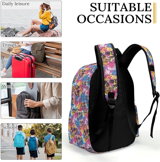 17 Inch Laptop Backpack 70s Tie Dye Skull Design Teen Girls Boys School Backpack Bags Travel Bookbag Back Pack Outdoor Daypack for Women Men