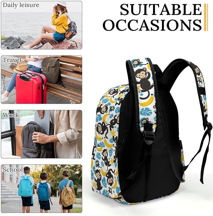 17 Inch Laptop Backpack Monkey Banana Palm Tree Leaves Teen Girls Boys School Backpack Bags Travel Bookbag Back Pack Outdoor Daypack for Women Men