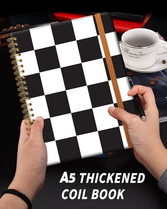 Ruled Spiral Writing Notebook,A5 Hardcover Lined College Journal for Women Lady,Fashion Puppy Watercolor Strong Twin-Wire Binding with Premium Paper,8.4" X 6",Perfect for School,Office,Home Gifts(Black White Checker)