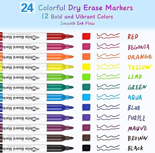 SFAIH Fine Tip Dry Erase Markers - 24 Pack 12 Assorted Color Whiteboard Erasable Markers Bulk for Kids Adults, Ideal for Classroom School Office Home Use on White Board, Non-Toxic Easy Clean