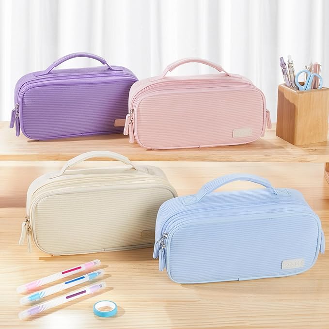 Sooez Large Pencil Case Pouch, Soft Corduroy Pencil Bag with Handle, Cute Pen Case, 5 Compartments, Wide Opening Pen Pouch Organizer with Zipper, Aesthetic School Supplies for Girls Women, Green