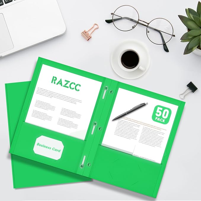 Two Pocket Folders, RAZCC 50 Pack Two Pocket Folders with Prongs, 3 Prong Folders Fit Letter Size Paper, Pocket File Folders for School Office Home Business, Green