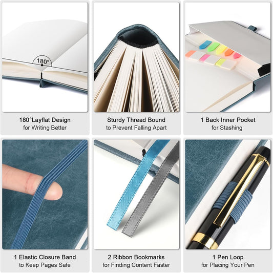 Graph Paper Notebook, 312 Numbered Pages A5 Hardcover Leather Journal, 100gsm No Bleed Grid Paper Notebook with Index Pages, Grid Notebook for Graphing Notes Math, 5.75" x 8.38", Grey Blue