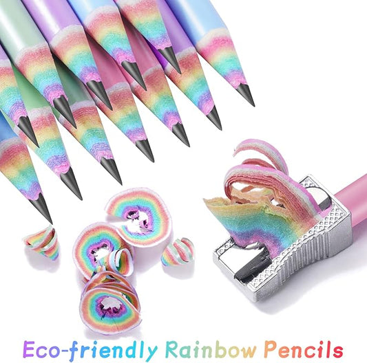12PCS Eco-friendly Wood & Plastic Free Recycled Rainbow Paper Pencils #2 HB Pencils Number 2 Pencils Erasers Toppers with Pencil Sharpener, Macaron Colored Pencils for School and Office Supplies