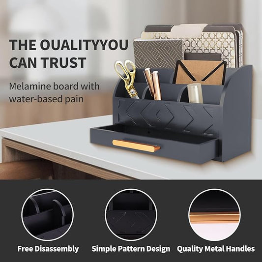 Wooden Desk Organizer Mail Organizer Countertop, Desktop Organizer Mail Sorter Mail Holder Bill Organizer for Desk, Desk Organizers and Accessories for Women (Black)