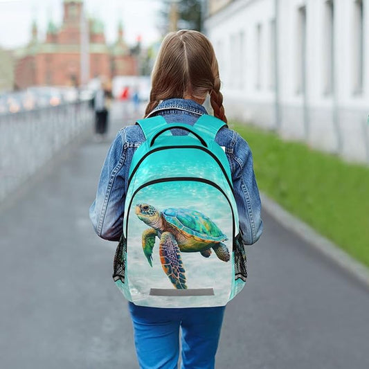 Sea Turtle Teal Backpack for Boys Girls Elementary School Bag Kids Bookbag Travel Rucksack