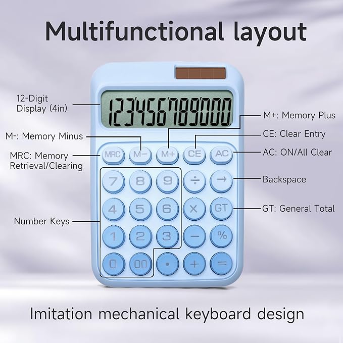 Desk Calculator,12 Digits, Large LCD Display,Big Buttons,Solar and Battery Dual Power Desktop Calculators,Cute and Aesthetic (Ombre Blue, M)
