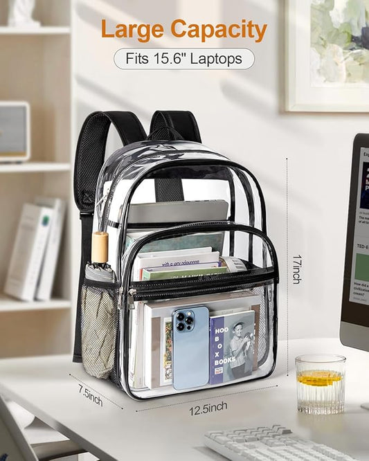 Clear Backpack, Heavy Duty Transparent Bookbag for School with Reinforced Strap for Women, Men, Capacity Bag for College Clear