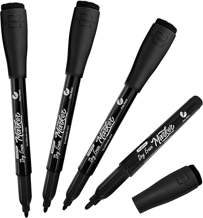 Scribbledo Magnetic Dry Erase Markers Fine Tip Black Color Low Odor Whiteboard Markers with Eraser Cap Thin Skinny White Board Markers for Adults Students Teachers Kids Art Home & School (4 Pack)