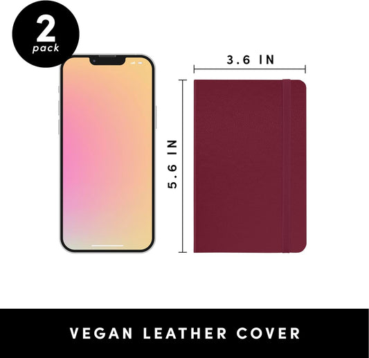 PAPERAGE Lined Pocket Journal Notebook, 2 Pack, (Burgundy), 160 Pages, Small Notebook, 3.6 inches x 5.6 inches - 100 GSM Thick Paper, Hardcover