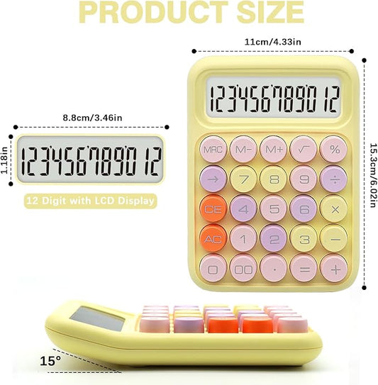 Standard Calculator - Colorful Yellow with 12 Digit Display and Big Buttons, Cute Office and School Accessory