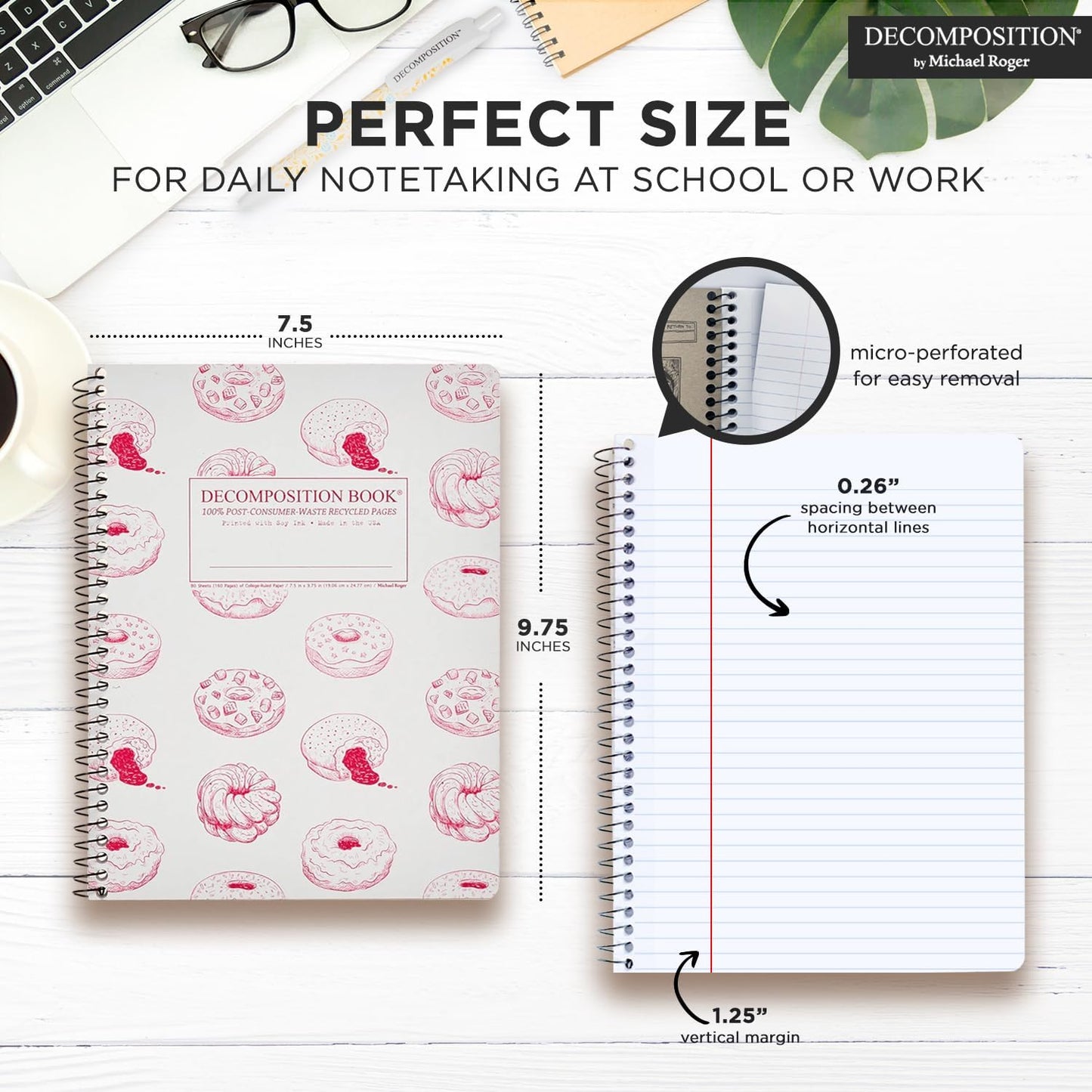 Decomposition Donut Time College Ruled Spiral Notebooks – 9.75 x 7.5 Journal with 160 Lined Pages – Cute Notebooks for School Supplies, Home & Office – 100% Recycled Paper – Made in USA
