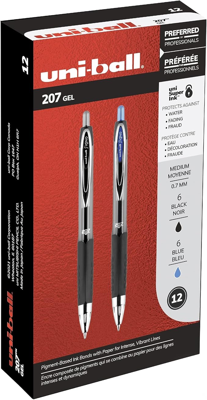 Uniball Signo 207, Retractable Gel Pens, 0.7mm Medium Point, 12 Pack; 6 Black & 6 Blue
