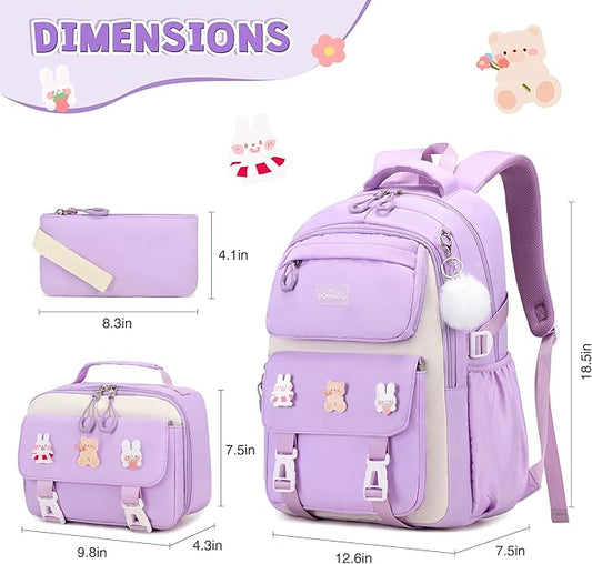 3PCS Girls Backpack for School, Kids Backpack for Girls with Lunch Box Pencil Case Set for Teen Girl Elementary Primary Middle High College School Bookbag with Cute Pins (Purple)