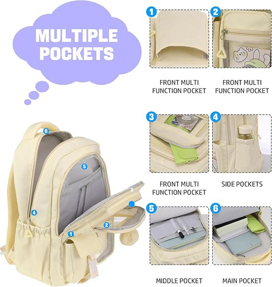 School Backpack for Girls, 15.6 Inch Laptop School Bags for Middle Students-Kindergarten Elementary College Backpacks,Large Backpack for Teen Girl Students Casual Travel Daypacks-Beige